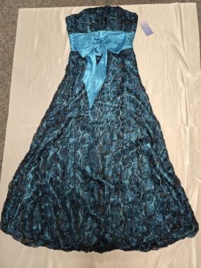 Teal Strapless Rosette Gown with Satin Waist Bow